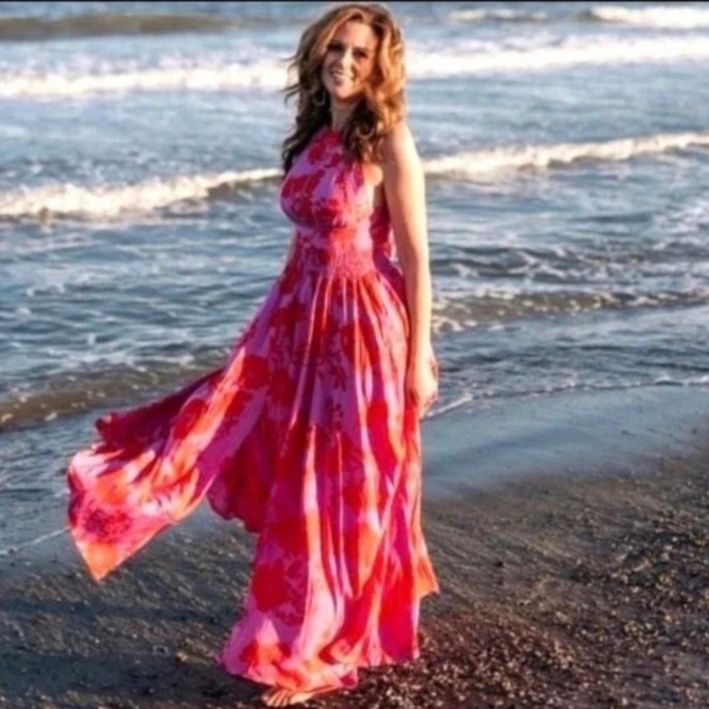 Anthropologie Abel The Label Charlotte Pink Red Floral Maxi Dress